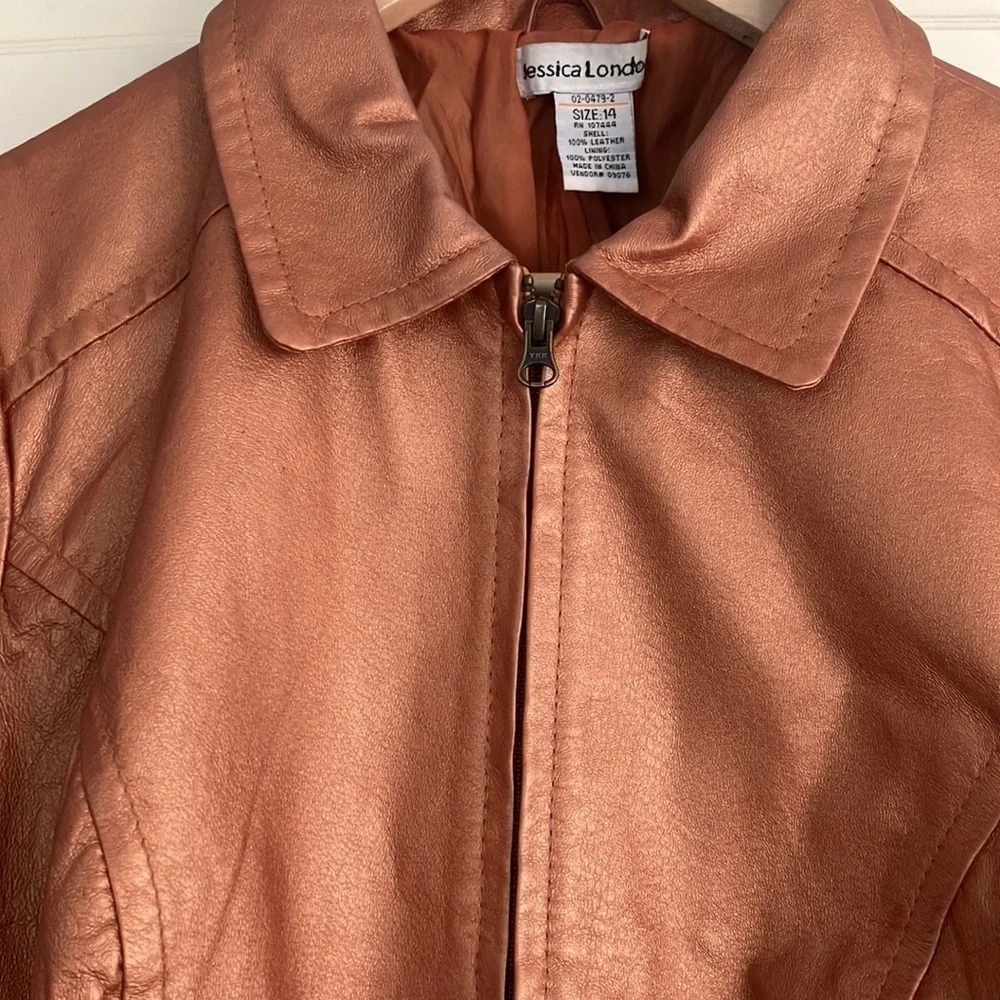 Vintage Jessica London Metallic 100% Leather‎ Zip Up Jacket Size 14 Plus Size
